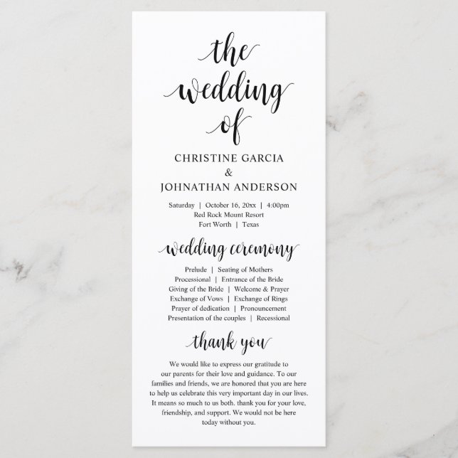 Modern rustic script, Wedding Ceremony Program (Front)