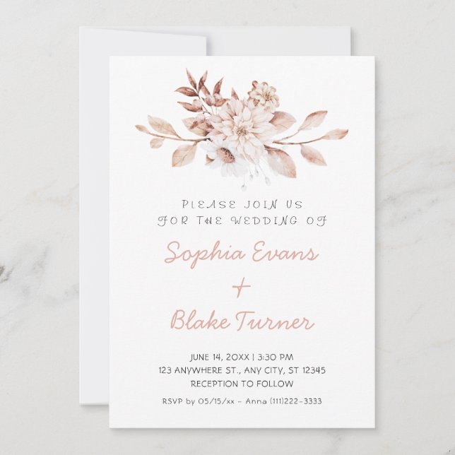 Modern Rustic Soft Floral White Wedding Invitation (Front)