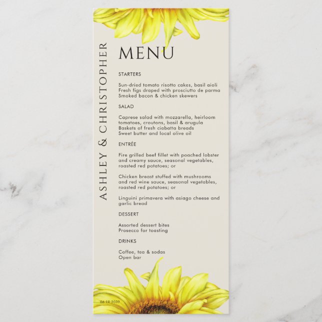 Modern Rustic Sunflower Wedding Menu (Front)