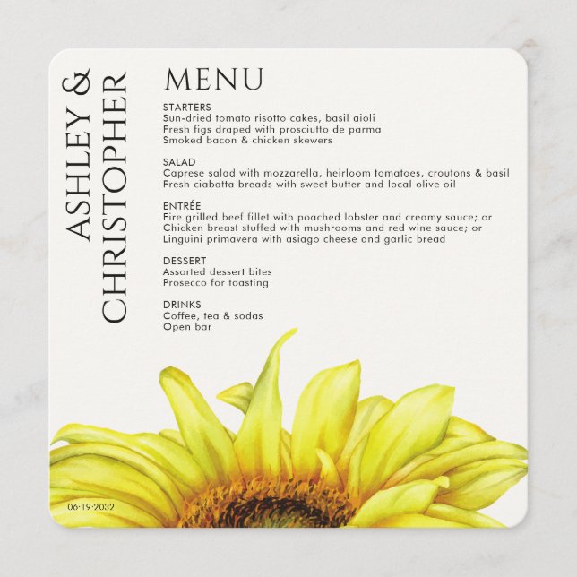 Modern Rustic Sunflower Wedding Menu (Front)