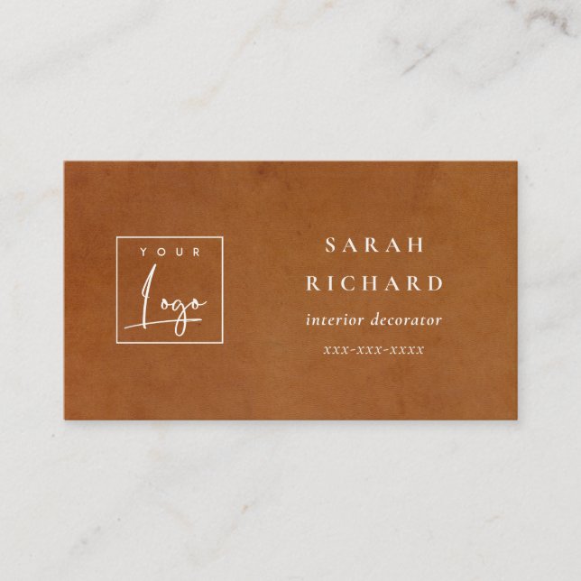 Modern Rustic Tan Leather Texture Custom Logo Business Card (Front)