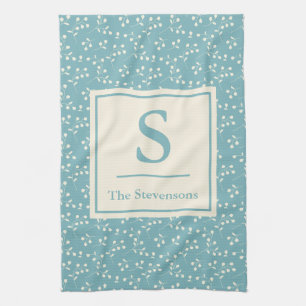 Modern Rustic Teal Blue Floral Family Monogram  Kitchen Towel