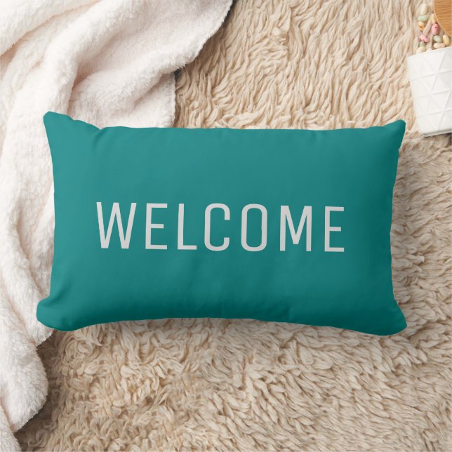 Modern rustic teal blue Welcome Lumbar Pillow (Blanket)