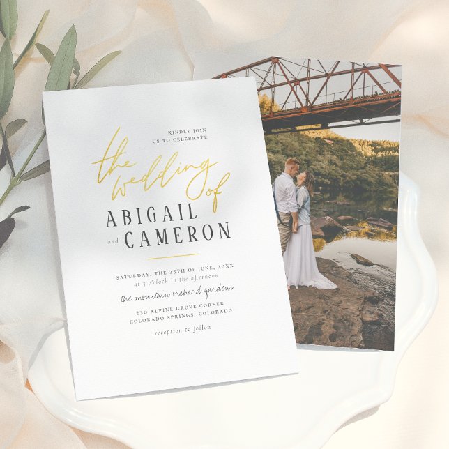 Modern Rustic Type Gold Lettering Photo Wedding Invitation (Creator Uploaded)