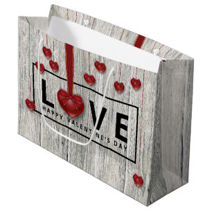 Modern Rustic Valentine's Day LOVE Wood Red Hearts Large Gift Bag