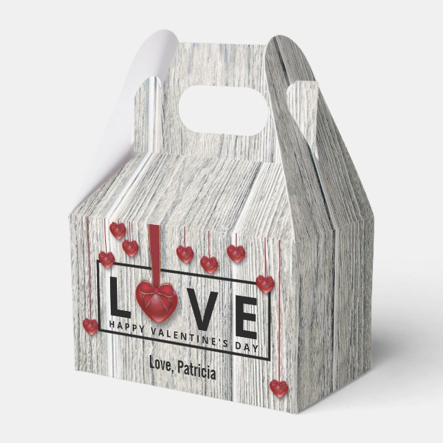 Modern Rustic Valentine's Day Wood LOVE Red Hearts Favor Box (Front Side)