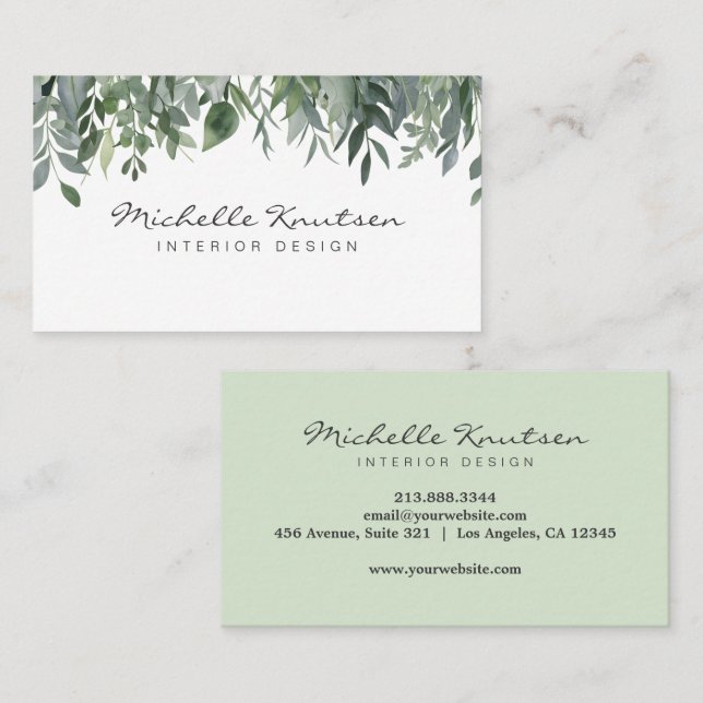 Modern Rustic Watercolor Eucalyptus Greenery       Business Card (Front/Back)