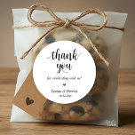 Modern Rustic Wedding Dinner Thank You Gifts  Classic Round Sticker<br><div class="desc">Modern Wedding rustic Thank You Gifts Classic favour Round Sticker,  in clean script,  little cute red heart,  with bride and groom signature and wedding date,  black and white theme.</div>