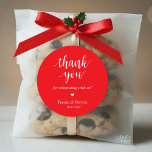 Modern Rustic Wedding Dinner Thank You Gifts  Classic Round Sticker<br><div class="desc">Modern Wedding rustic Thank You Gifts Classic favour Round Sticker,  in clean script,  little cute red heart,  with bride and groom signature and wedding date,  bright red theme.</div>