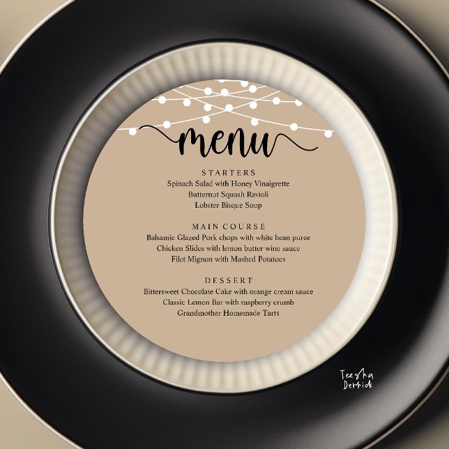 Modern Rustic, Wedding Elopement Round Dinner Menu (Modern Rustic, Wedding Elopement Round Dinner Menu Card in Brown Tan String Lights)