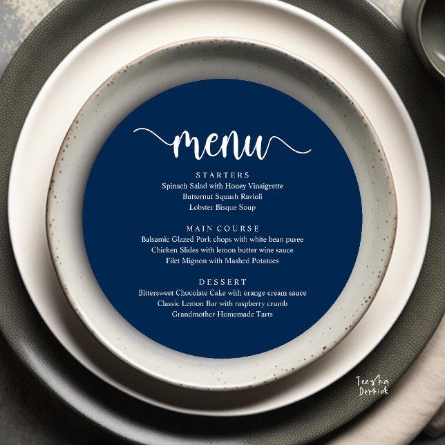 Modern Rustic, Wedding Elopement Round Dinner Menu (Modern Rustic, Wedding Elopement Round Dinner Menu Card in Navy Blue)
