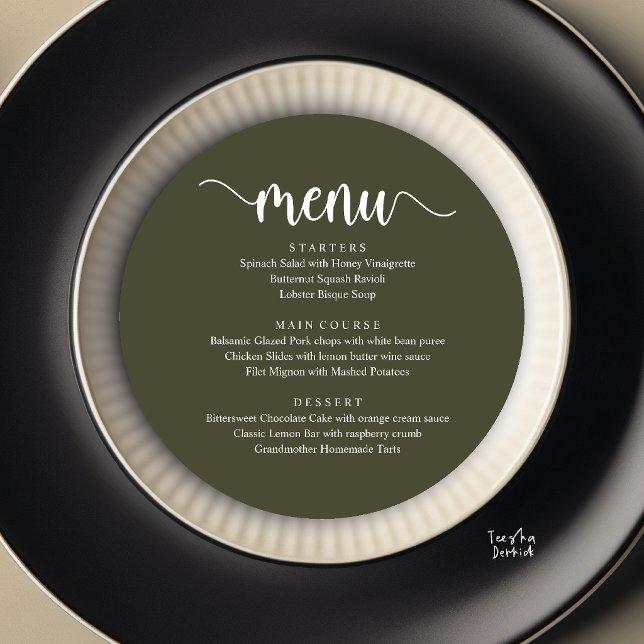 Modern Rustic, Wedding Elopement Round Dinner Menu (Modern Rustic, Wedding Elopement Round Dinner Menu Card in Olive Green)