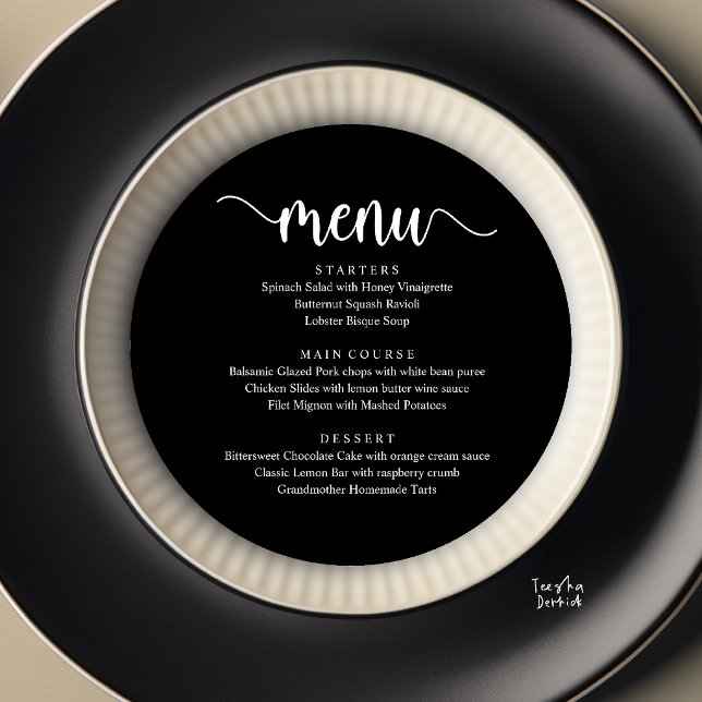 Modern Rustic, Wedding Elopement Round Dinner Menu (Modern Rustic, Wedding Elopement Round Dinner Menu Card in Black and White)