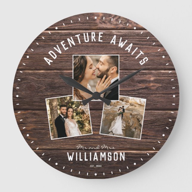 Modern Rustic Wedding Photo Collage Keepsake Large Clock (Front)