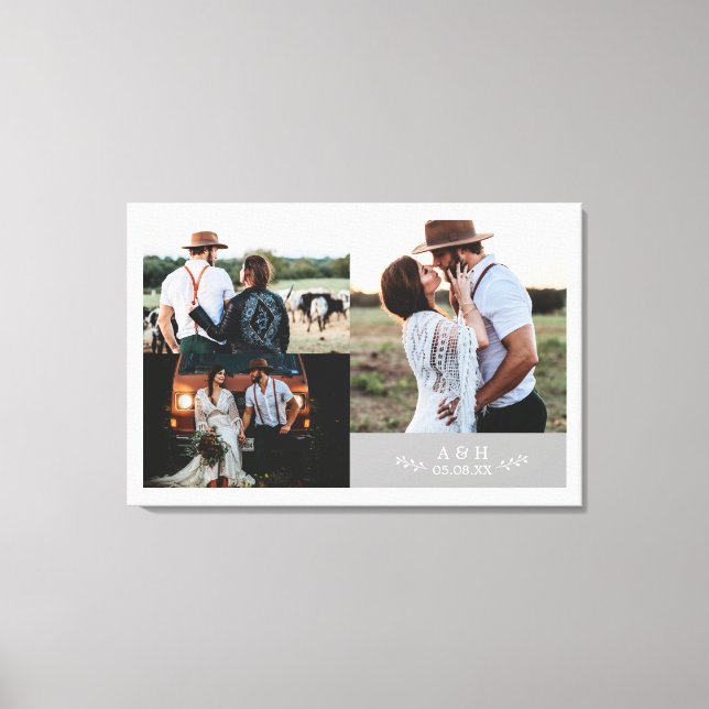 Modern Rustic Wedding Photo Collage Leaf Monogram Canvas Print (Front)