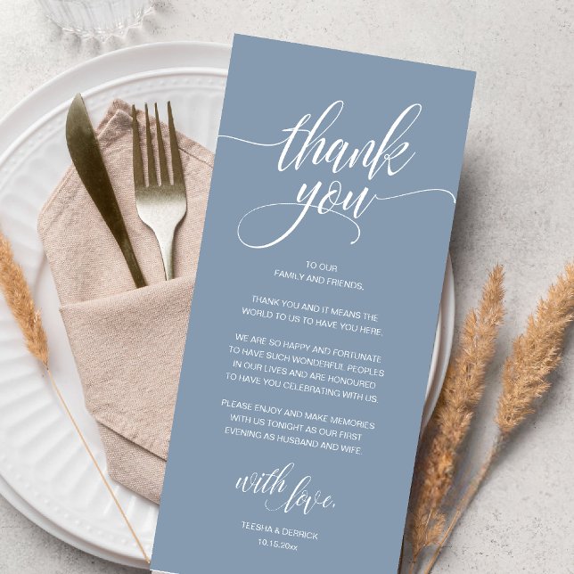Modern Rustic Wedding Reception Thank You Card (Modern Romantic Wedding Reception Dinner Thank You Card in Dusty Blue)