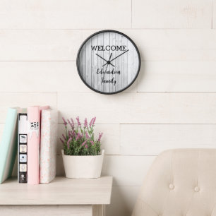 Modern rustic welcome Family name gray shiplap Clock