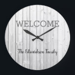Modern rustic welcome Family name grey shiplap Large Clock<br><div class="desc">Modern rustic Welcome Family name, white grey shiplap background, wall clock.
You can easily change the text and add your name.</div>