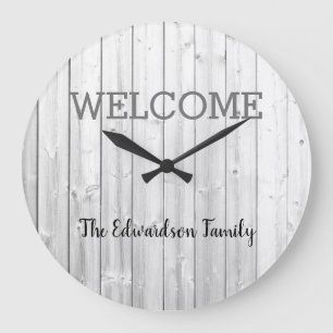 Modern rustic welcome Family name grey shiplap Large Clock
