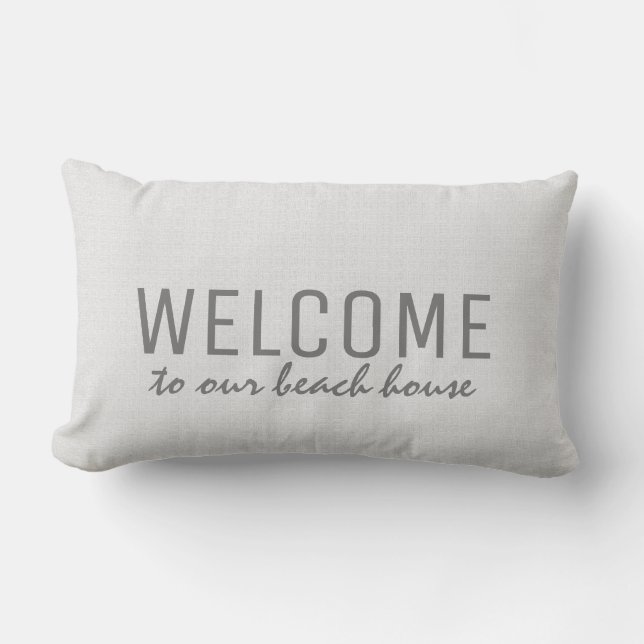 Modern rustic white burlap Welcome to beach house Lumbar Pillow (Front)