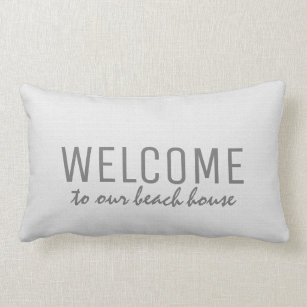 Modern rustic white burlap Welcome to beach house Lumbar Pillow
