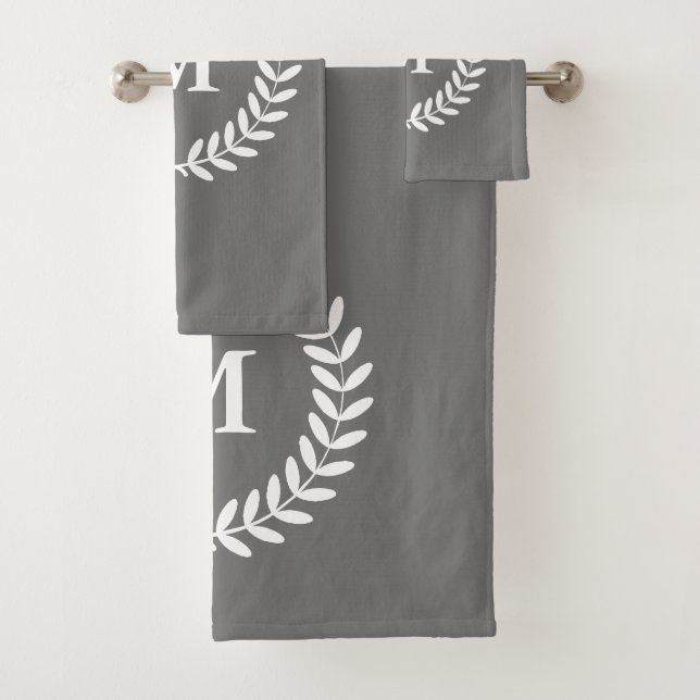 Modern Rustic White Classy Laurels & Grey Bath Towel Set (Insitu)