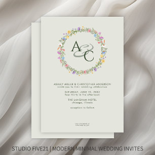Modern Rustic Wildflower Monogram Sage Wedding Invitation