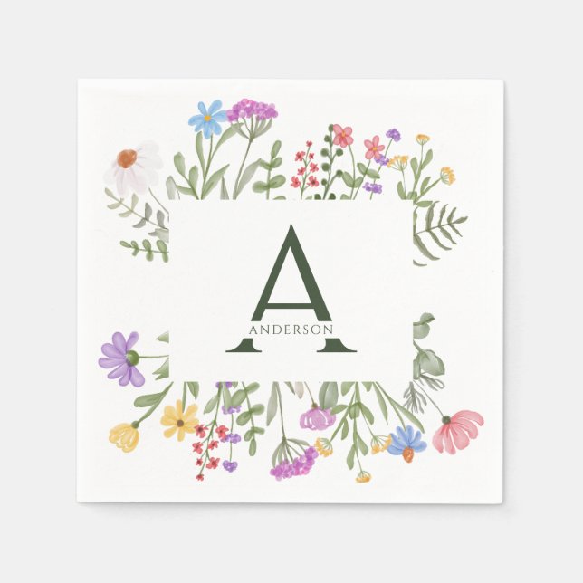 Modern Rustic Wildflower Monogram Wedding Napkin (Front)