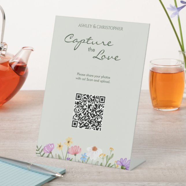 Modern Rustic Wildflower Wedding Photo Pedestal Sign (In SItu)