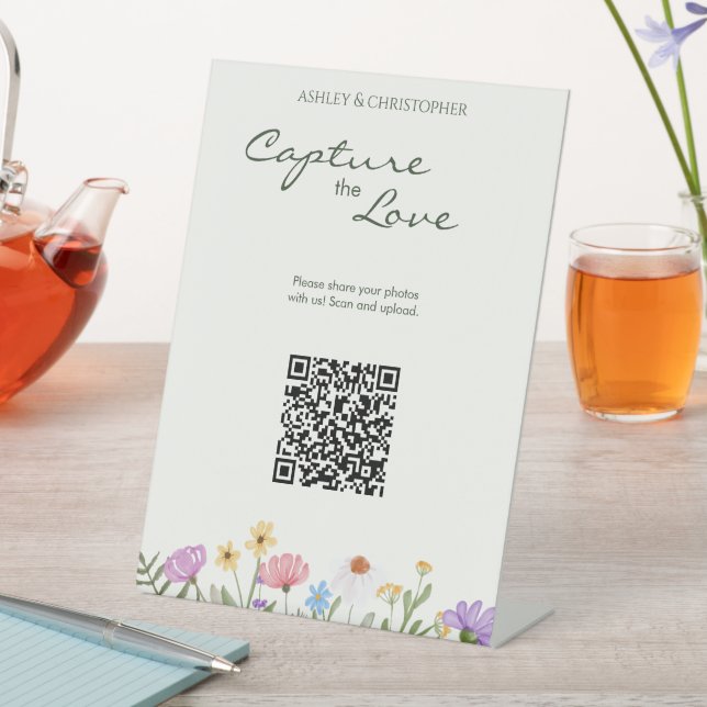 Modern Rustic Wildflower Wedding Photo Pedestal Sign (In SItu)