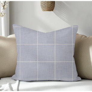 Modern Rustic Windowpane Plaid Linen Blue Throw Pillow