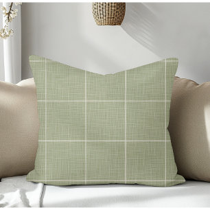 Modern Rustic Windowpane Plaid Linen Green Throw Pillow