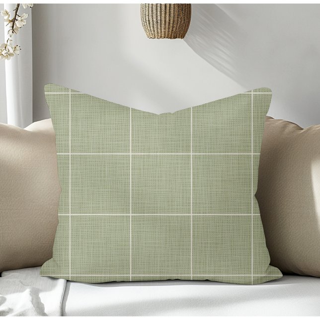 Modern Rustic Windowpane Plaid Linen Green Throw Pillow (Creator Uploaded)