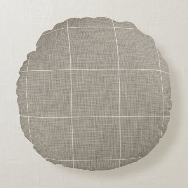 Modern Rustic Windowpane Plaid Linen Grey Round Pillow (Front)