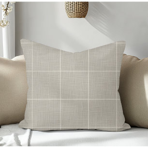 Modern Rustic Windowpane Plaid Linen Grey Throw Pillow
