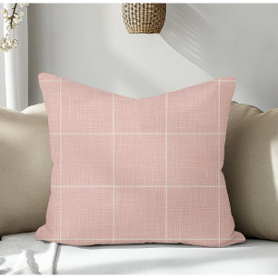 Modern Rustic Windowpane Plaid Linen Pink Throw Pillow