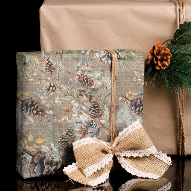 Modern Rustic Winter Pine Cone Boho Christmas Wrapping Paper (Creator Uploaded)