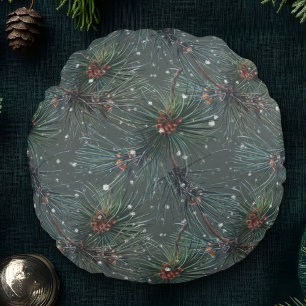 Modern Rustic Winter Pine Pattern Round Pillow