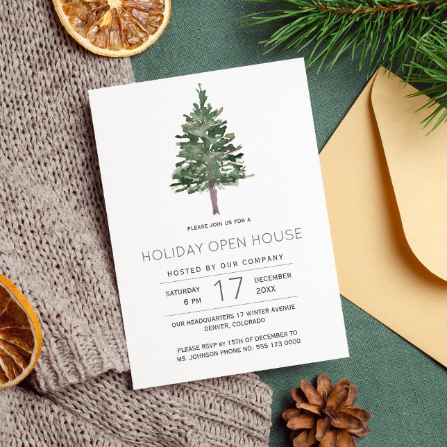 Modern rustic winter pine tree holiday open house invitation (Creator Uploaded)