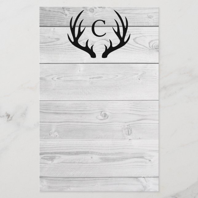 Modern Rustic Wood & Black Deer Antlers | Monogram Stationery (Front)