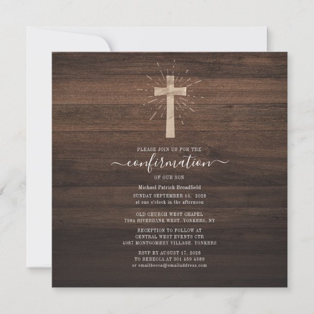 Modern Rustic Wood Cross Confirmation Invitation (Front)