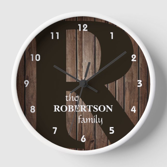 Modern Rustic Wood Family Monogram Clock (Front)
