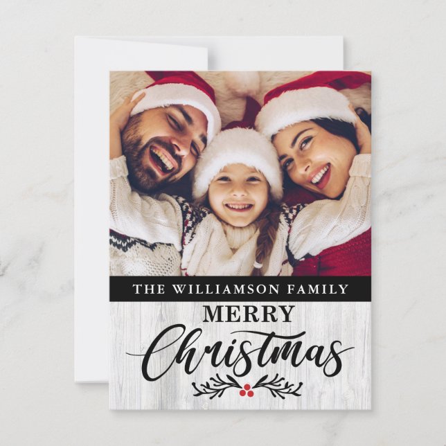 Modern Rustic Wood Family Photo Christmas Card  (Front)