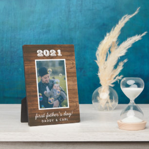 Modern Rustic Wood First Father's Day Custom Photo Plaque
