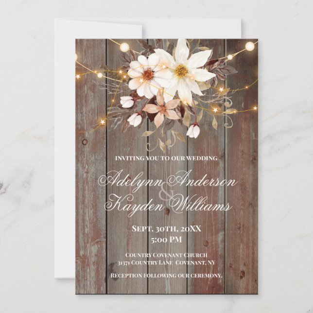 Modern Rustic Wood Floral Lights Wedding  Invitation (Front)