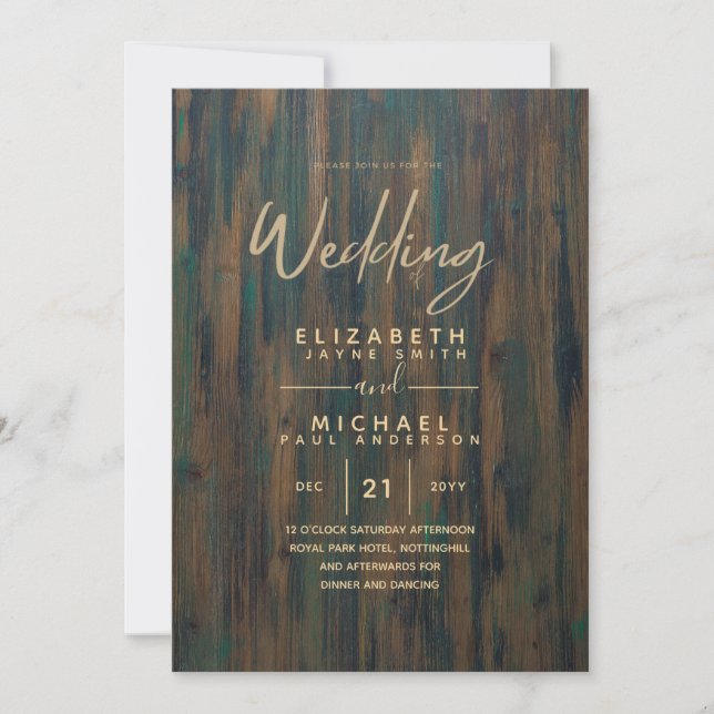 Modern Rustic Wood Gold Budget Wedding Invites (Front)
