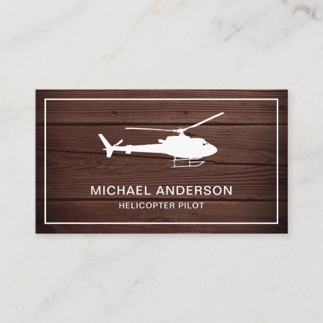 Modern Rustic Wood Helicopter Pilot Business Card (Front)