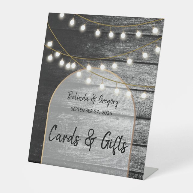 Modern Rustic Wood Lights Wedding Cards & Gifts Pedestal Sign (Front)
