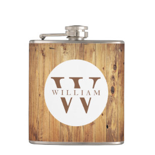 Modern Rustic Wood Monogram Name + Initial Hip Flask