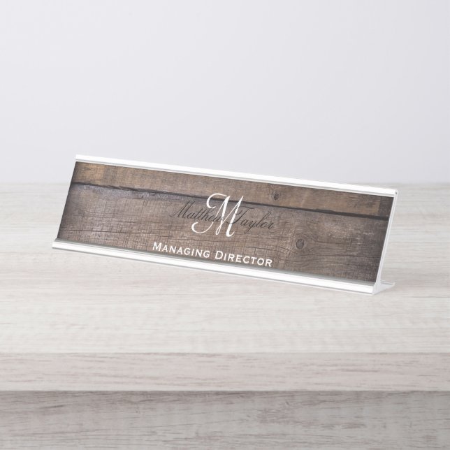 Modern Rustic Wood Monogram Name Script  Desk Name Plate (Front)